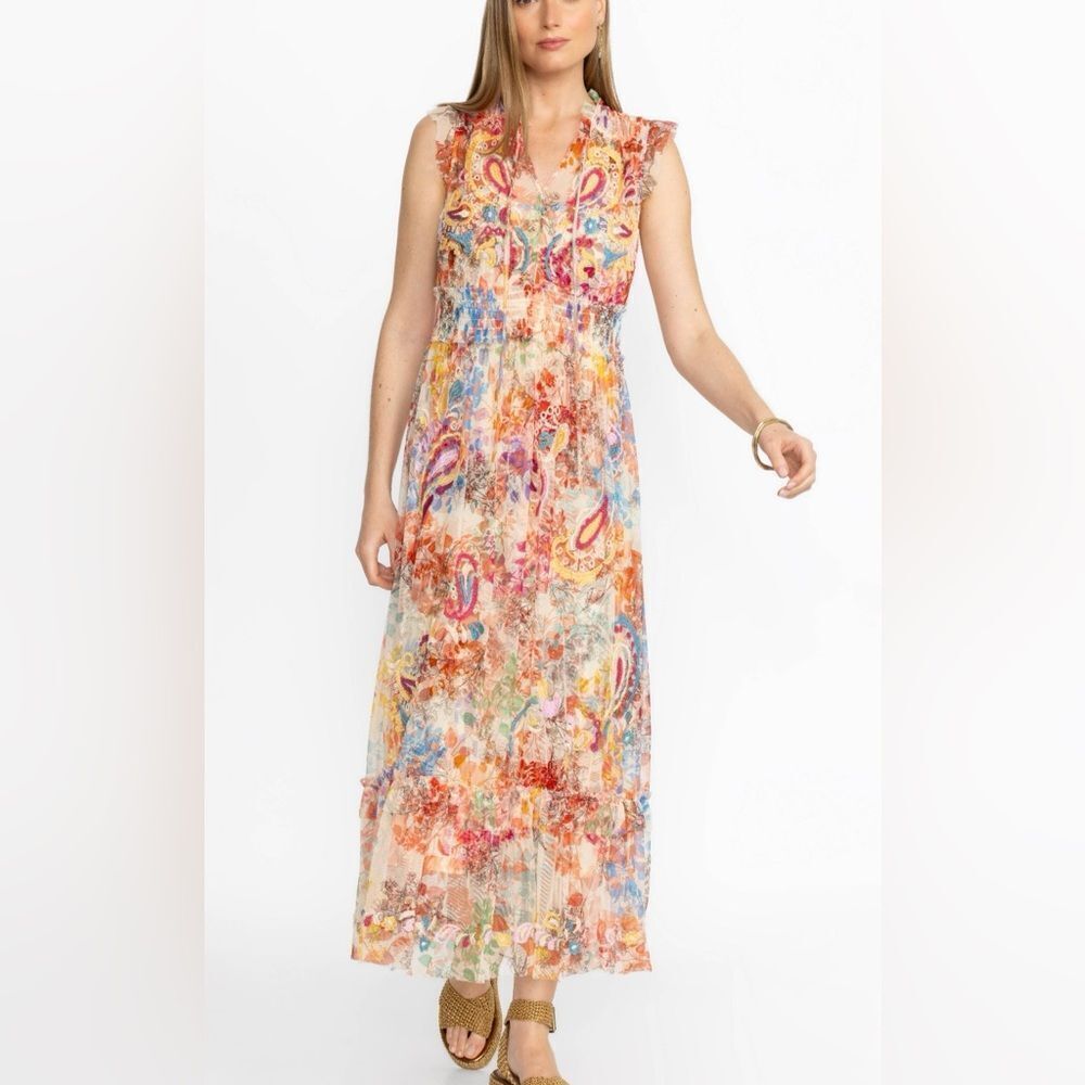 Johnny Was Biya Boho Mazzy Tie Multicolor Embroidered Long Dress Size L